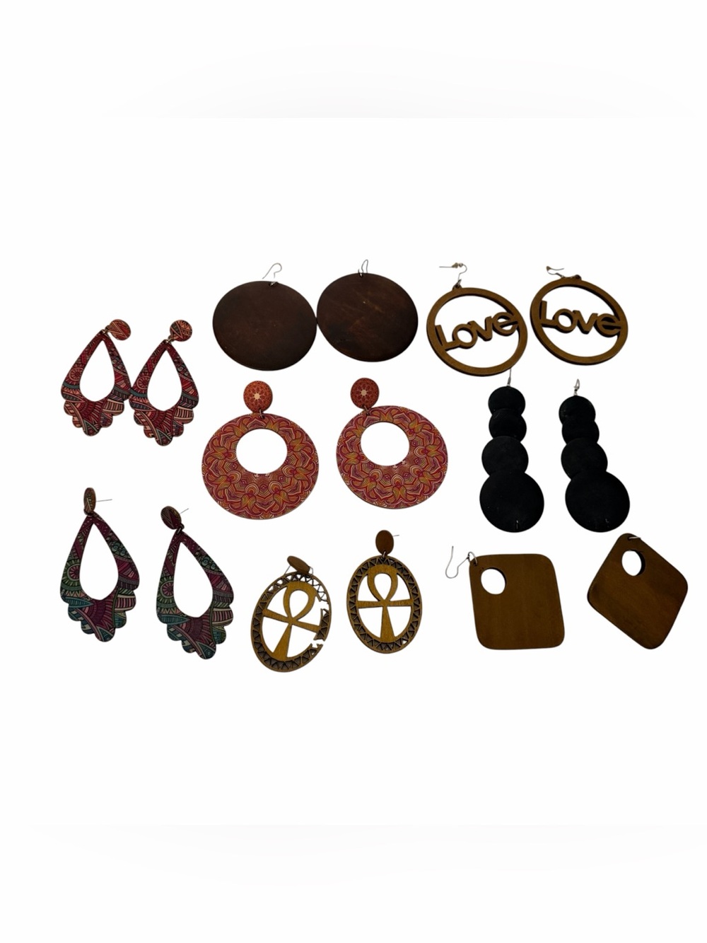 Lightweight Wood Earrings Lot 8 Pairs Womens Dangle Drop Hoop Boho Multicolor